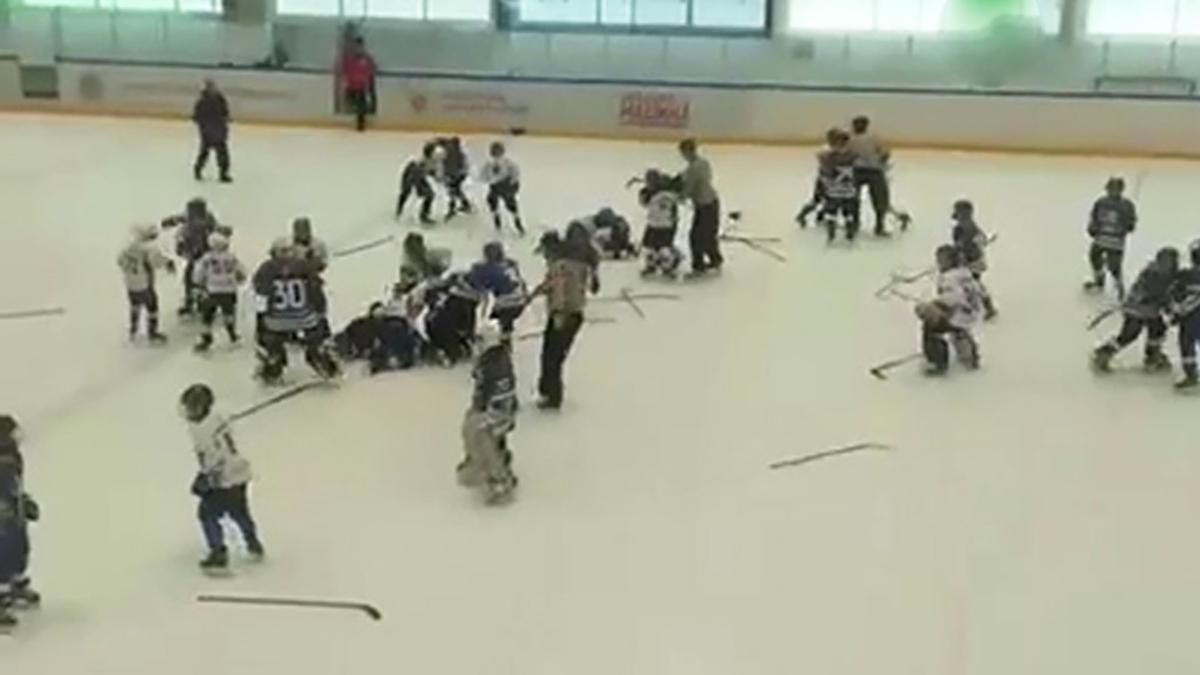 В России 11-летние хоккеисты устроили массовую драку во время игры: видео