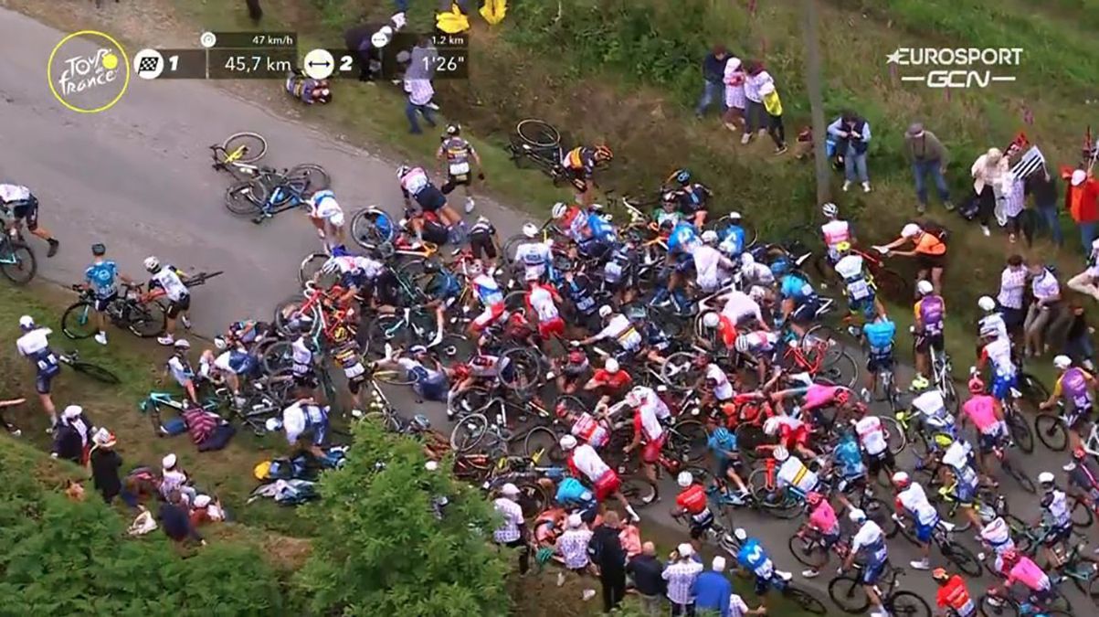 На "Тур де Франс" сталося масове падіння велосипедистів через вболівальника з плакатом: відео