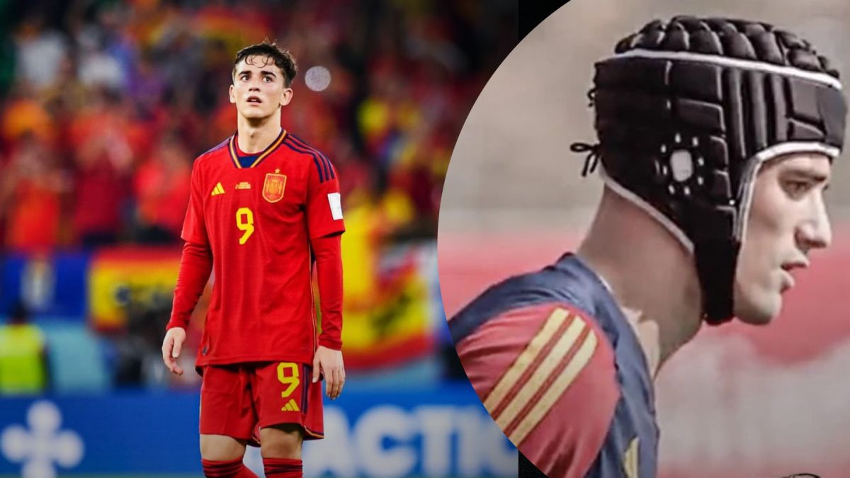 Футболист сборной Испании Гави тренируется в специальном шлеме.